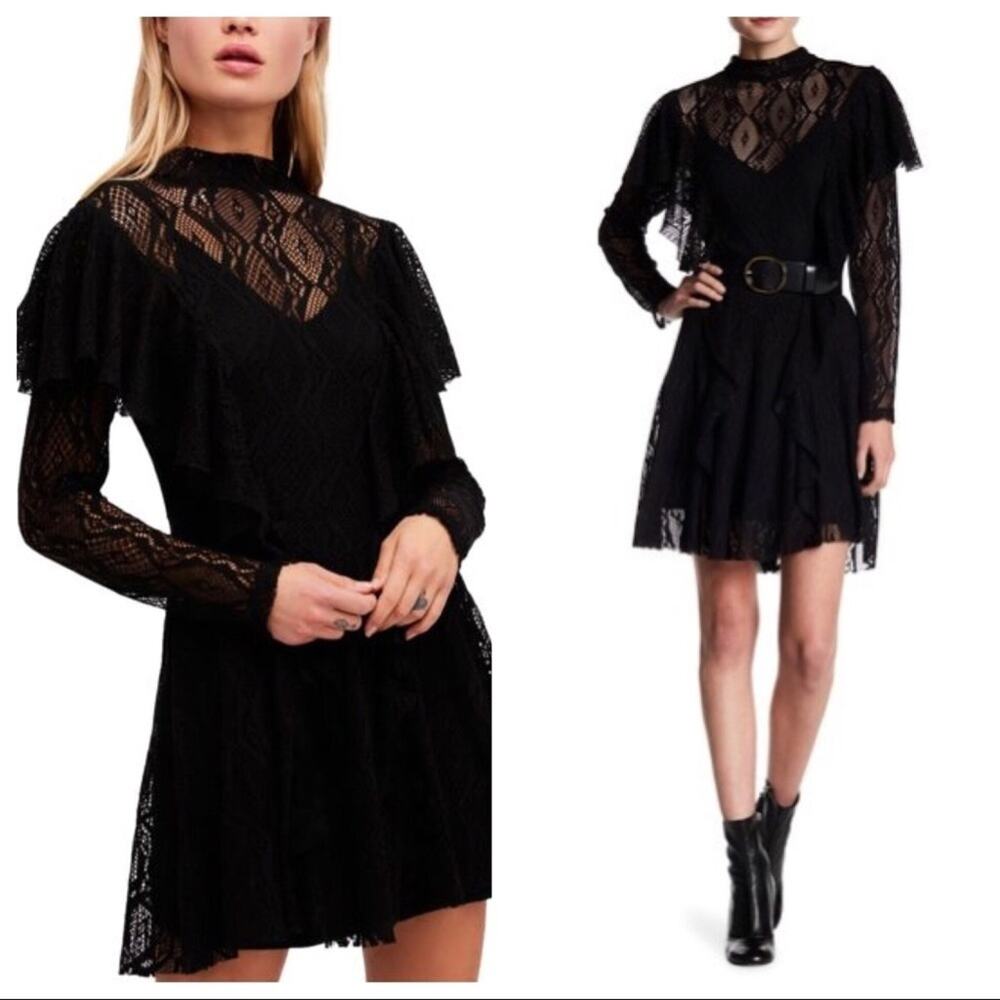 Free People Rock Candy Lace Ruffle Dress Black Size XS NWT